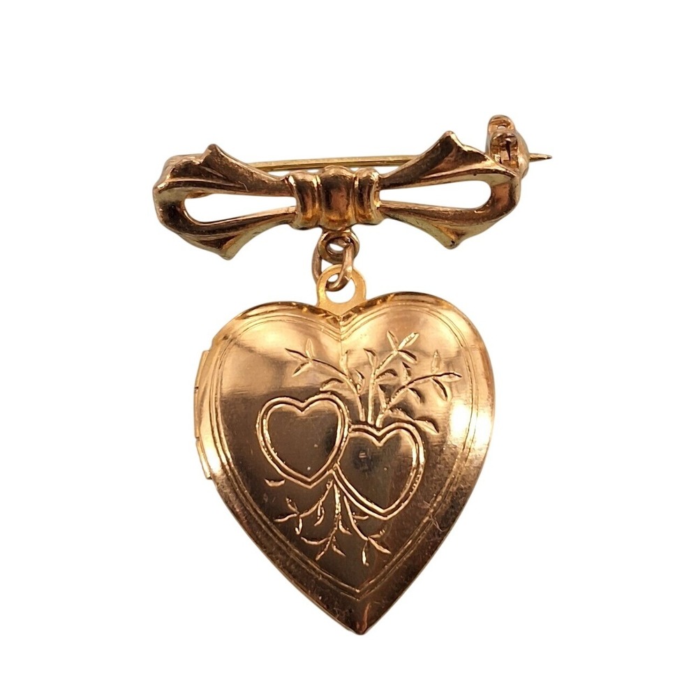 Vintage Gold Tone Heart Locket Brooch Pin Bow Dangle Engraved Floral 1980s
